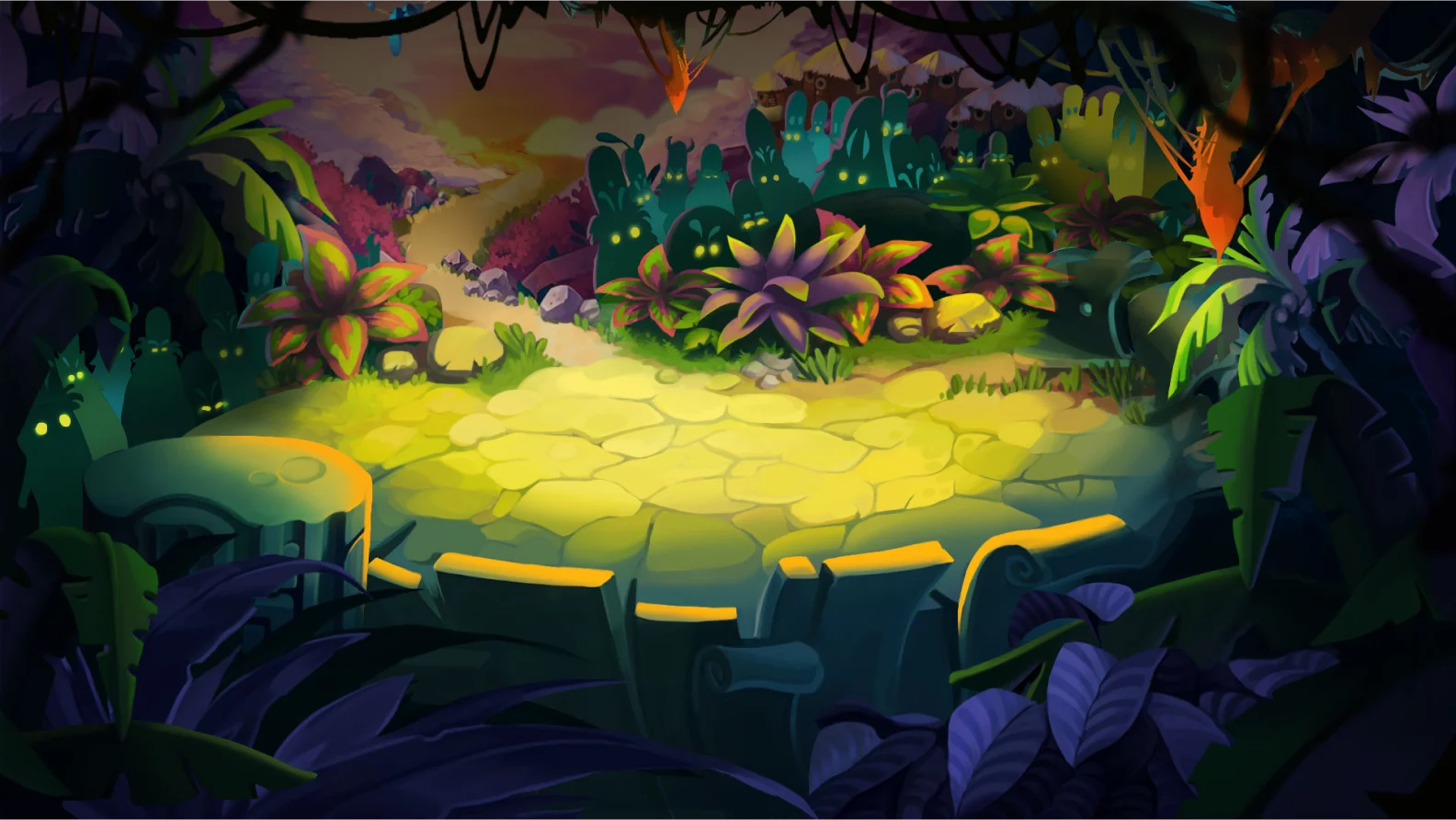 Illustrated jungle clearing surrounded by tropical plants